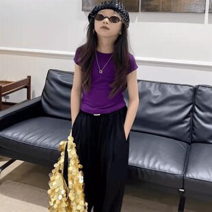 豆丁奇遇儿童洋气红色黑色紧身短款上衣女童紫色短袖t恤大童童装