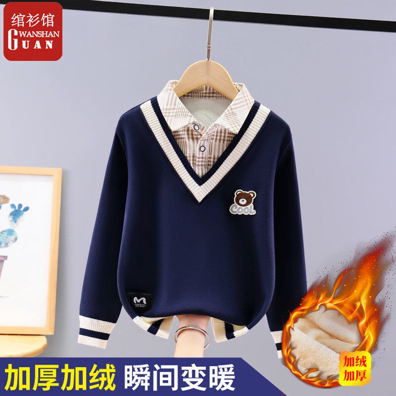 男童带领2025新款春秋儿童衬衫领卫衣男孩长袖t恤假两件春装上衣