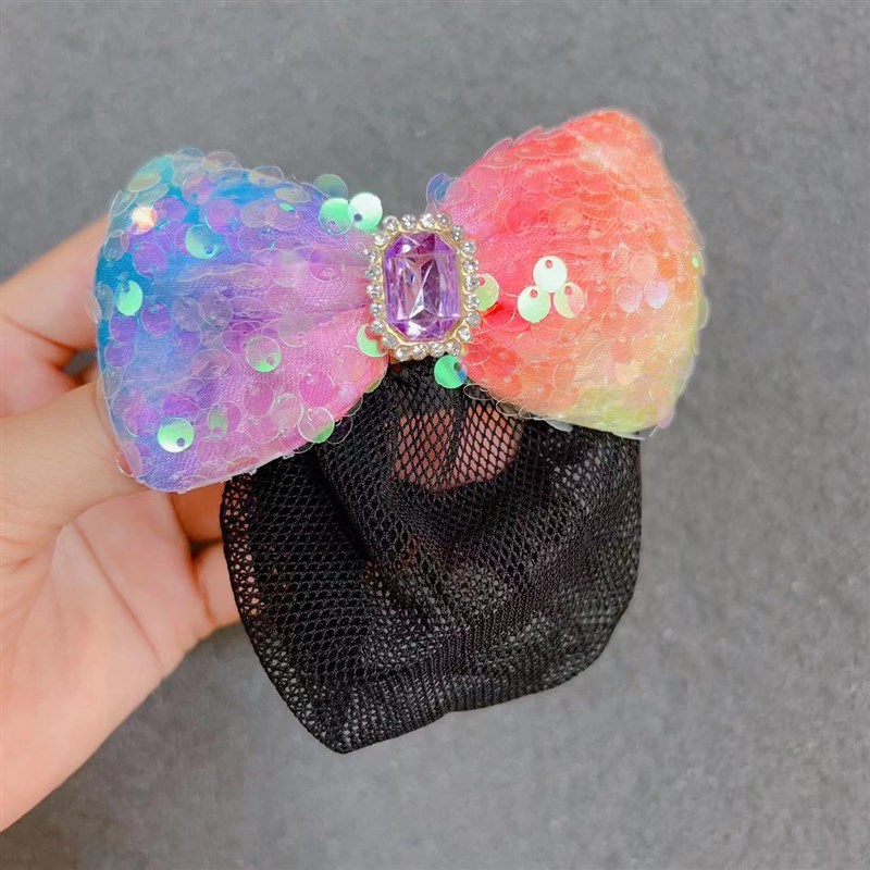 儿童闪亮片蝴蝶结发网懒人丸子头盘发器小女孩网兜发夹发饰弹簧夹