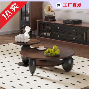 法式 设计师复古 中古风实木圆形茶几组合极简客厅家用轻奢现代美式