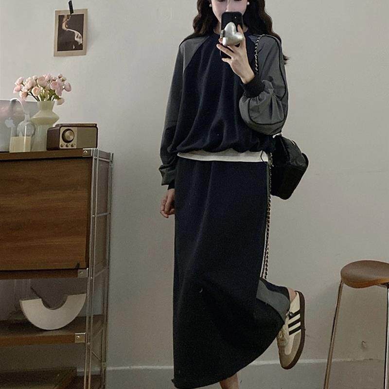 好货大码女装春秋胖mm显瘦遮肚减龄休闲插肩长袖卫衣上衣半身裙两