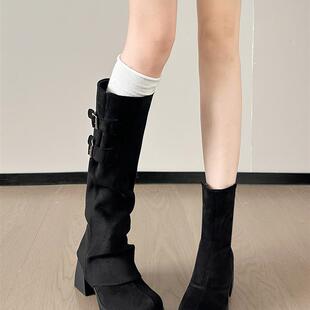 好货2025秋冬新款大码女靴41到43码加肥粗跟高筒可两穿西部骑士牛