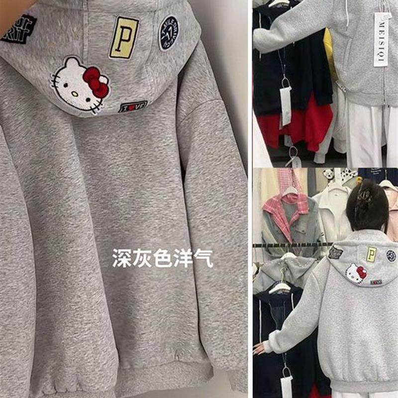 好货初中生女秋装学生可爱学院风刺绣猫咪连帽卫衣宽松上衣外套14