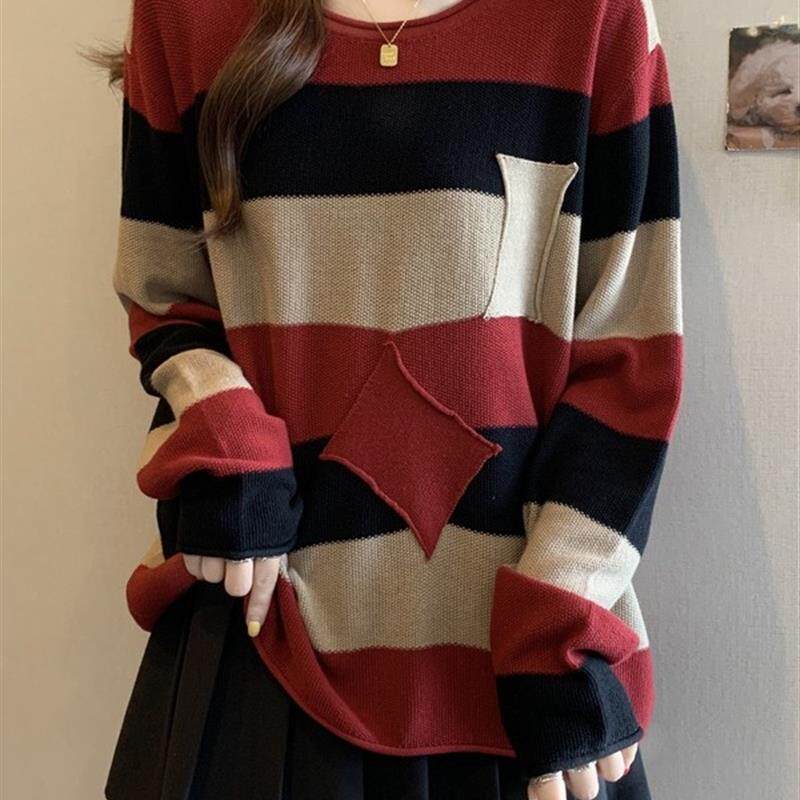 好货红色条纹长袖毛衣针织衫秋季2025新款大码女装胖mm巨好看遮肉