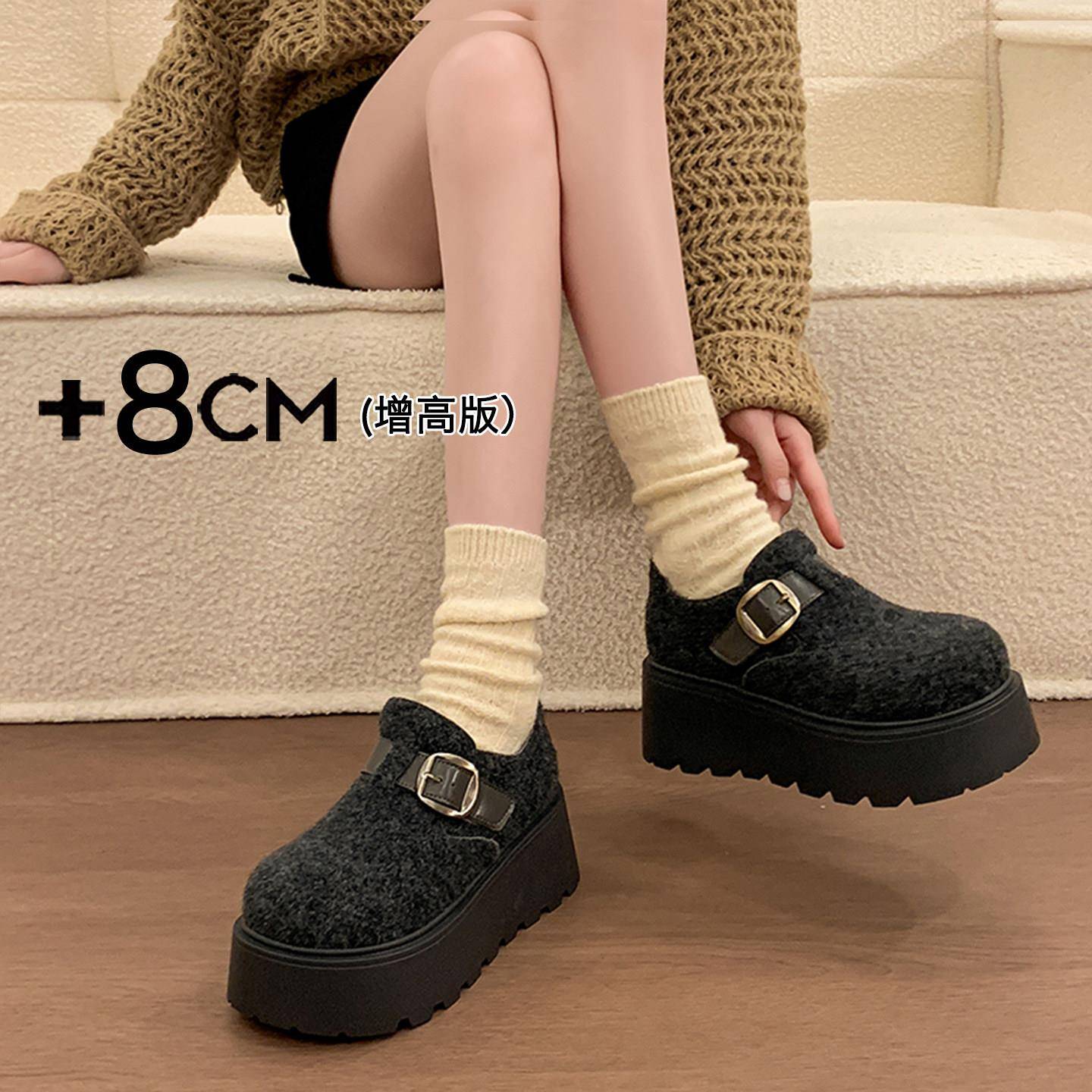 新品厚底增高加绒灰色毛呢勃肯鞋女2026新款冬季雪地靴乐福毛毛棉