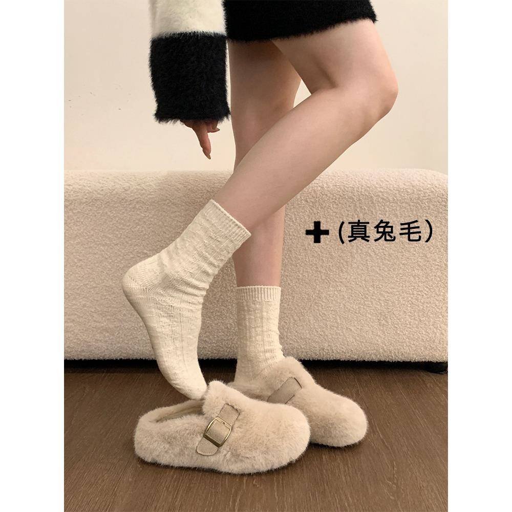 新品兔毛巨好看厚底勃肯鞋包头半拖毛毛拖鞋女外穿2026新款冬季棉