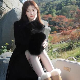 现货黑色赫本风双面羊绒大衣女2025秋冬狐狸毛袖口高级感羊毛呢子