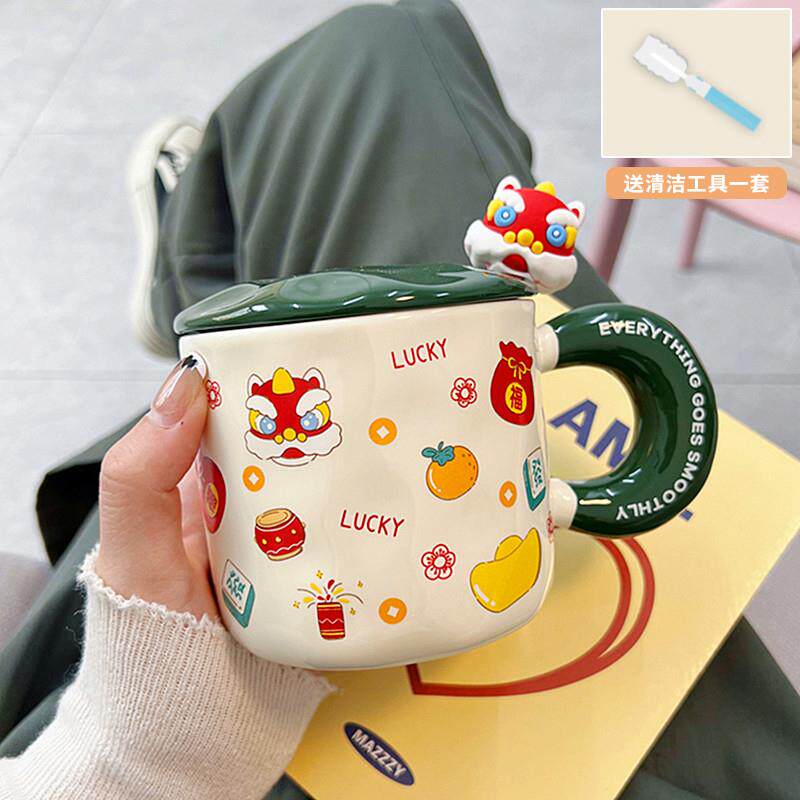 推荐中国风卡通陶瓷杯子带盖勺可爱高颜值创意水杯男女生办公室马