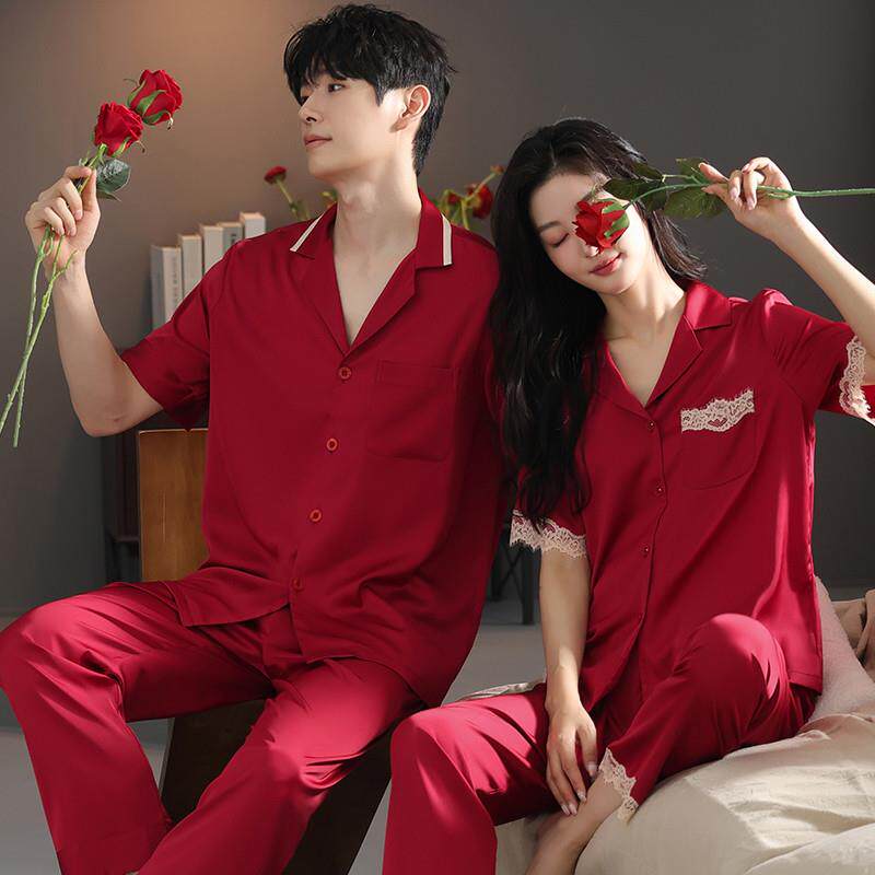 2套价 情侣睡衣冰丝夏季新婚短袖红色家居服结婚女士长裤男款套装