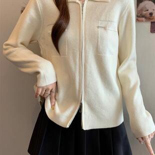 好货韩版双拉链POLO领正肩针织开衫女春秋季大码胖mm显瘦休闲毛衣