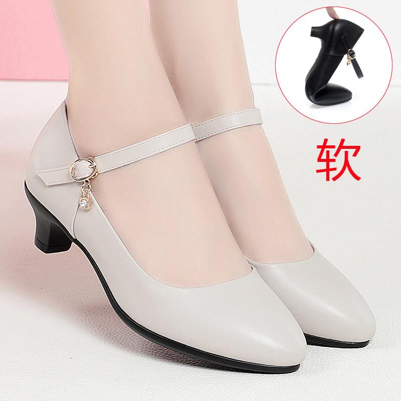 新品面试一字扣带小跟跳舞妈妈鞋单鞋软底工作鞋女鞋旗袍黑色皮鞋