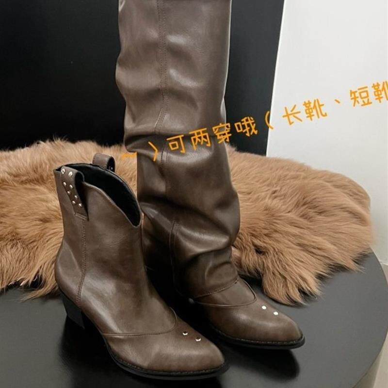 好货2025秋冬新款褶皱堆堆长筒靴女西部牛仔靴粗跟不过膝皮带扣裤