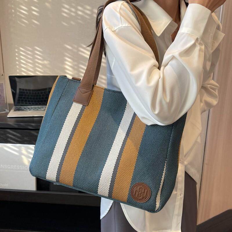 好货条纹帆布包包女大容量通勤托特包休闲大学生上课单肩斜挎包手