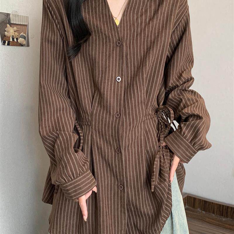 好货美拉德咖色条纹衬衫女2025秋季新款大码胖mm收腰中长款不规则