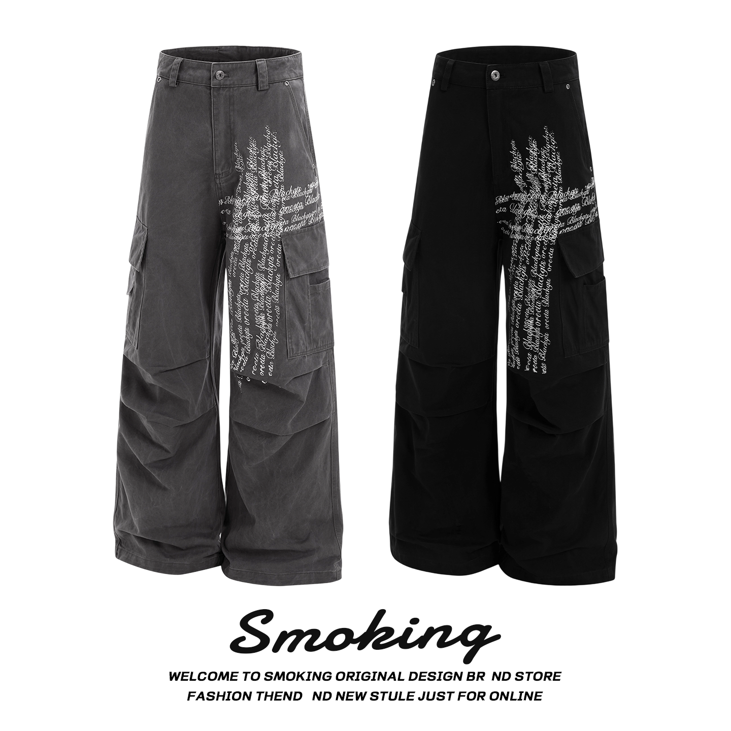 SMOKING 美式高街十字架印花工装裤男女cleanfit潮牌痞帅拖地长裤
