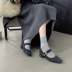 灰色内增高单鞋女绝美毛毛鞋复古时髦加绒玛丽珍鞋冬季小个子法式