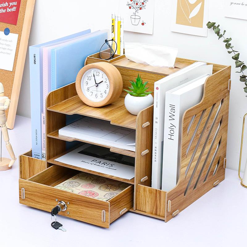 文件夹收纳盒木质多层办公室用品学生文具书桌桌面A4抽屉式置物架