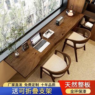 .上墙书桌实木靠窗长条桌家用置物架一字板窄桌折叠悬空办公电脑