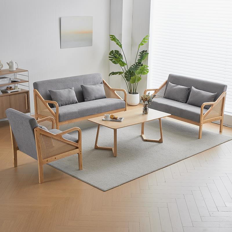 现代简约藤编实木办公室会客沙发休息区洽谈茶几双三人位桌椅组合