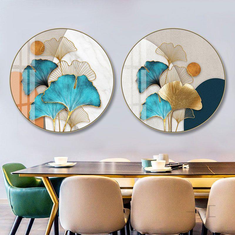 现代简约餐厅墙面银杏叶装饰画客厅背景墙圆形轻奢挂画卧室晶瓷画