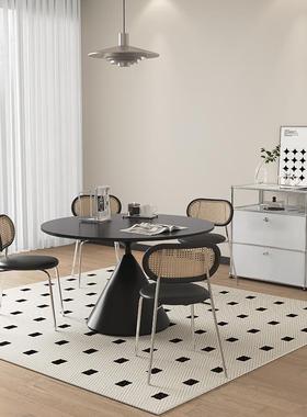 黑色岩板餐桌意式极简圆桌现代简约家用高端华尔兹带转盘圆形餐台