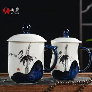 手绘墨竹陶瓷茶杯带盖大容量办公水杯礼品定制个人杯家用 御泉