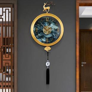 饰新中式 黄铜挂钟客厅钟表鹿轻奢家用时钟别墅静音挂墙装 石英钟大