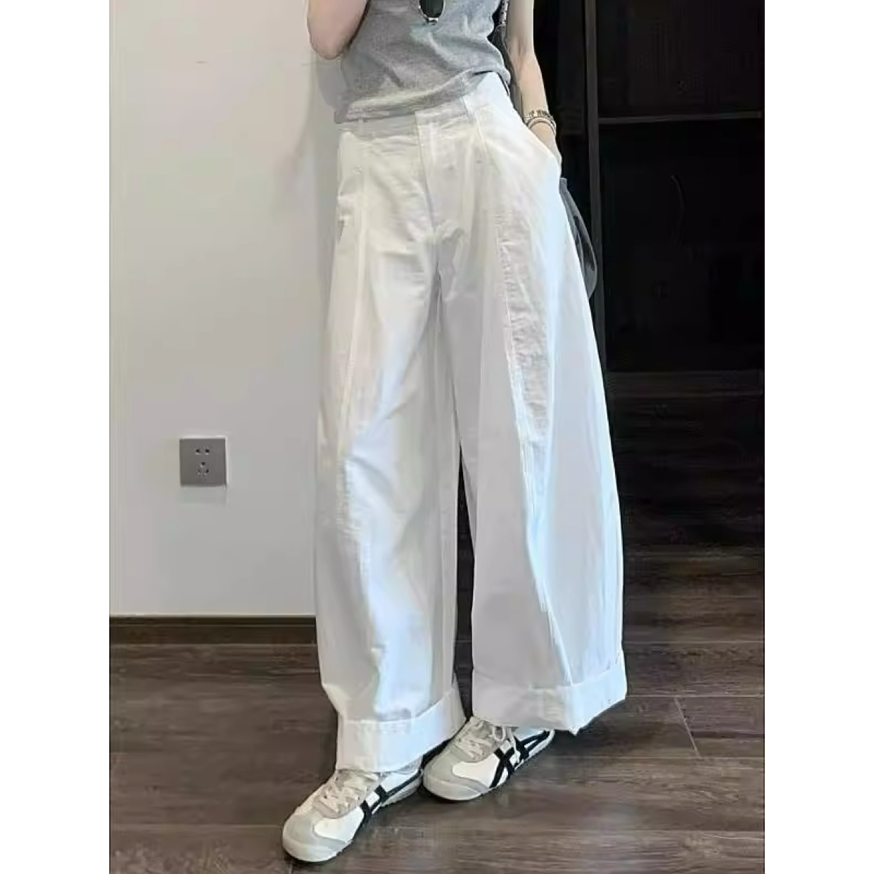 纯棉宽松时尚直筒裤子小个子韩系慵懒松弛感酷飒风白色工装阔腿裤