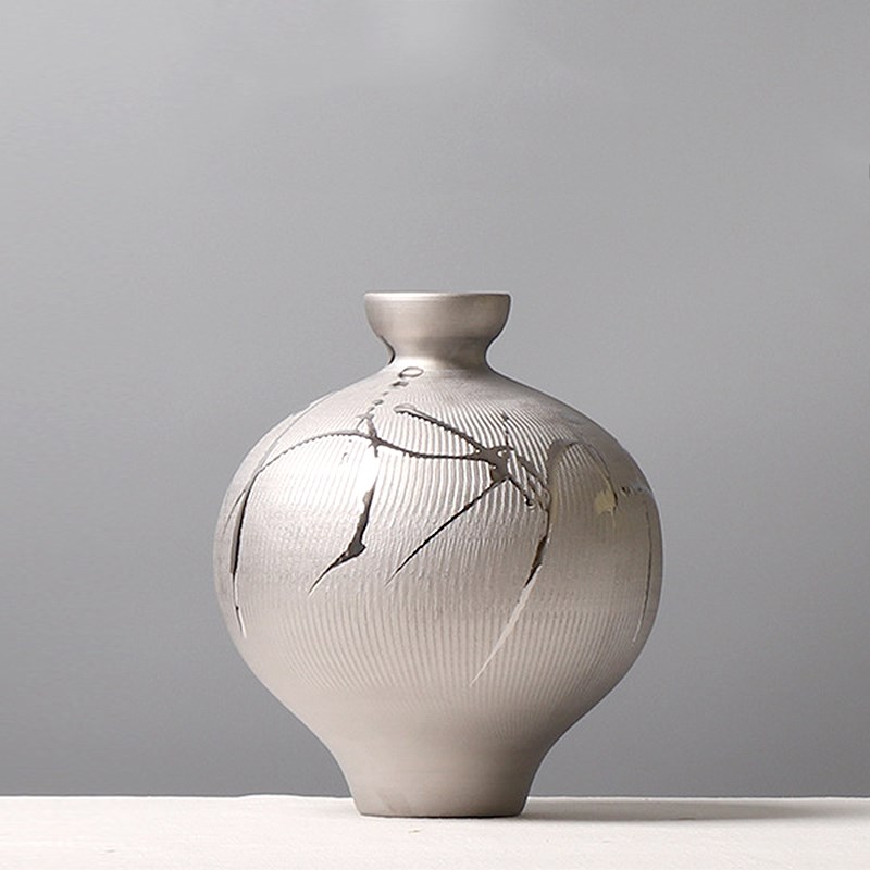 现代新中式哑光银色陶瓷花瓶样板间民宿茶室书房博古架装饰品摆件