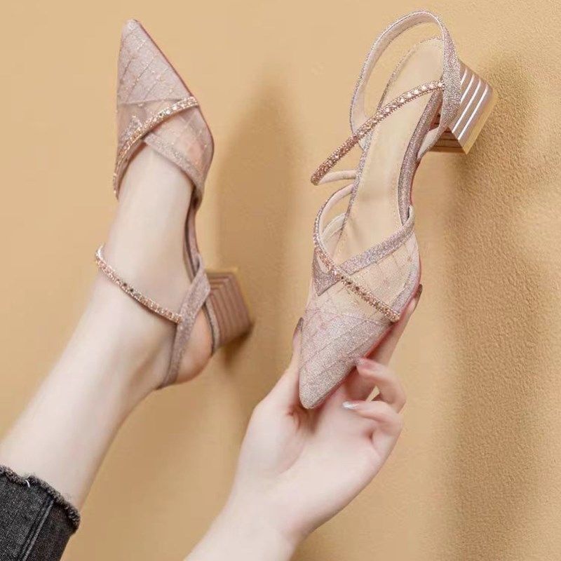 一字带凉鞋女粗跟2025夏季网纱水钻低跟法式尖头鞋百搭仙女风爆款,女鞋,一字带凉鞋,淘宝优惠券,粉丝福利购,淘宝优惠卷