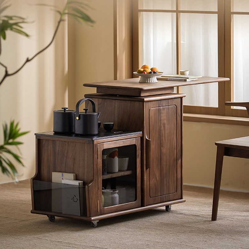 黑胡桃木移动茶车家用客厅沙发旋转茶水柜岩板茶台阳台实木小边几