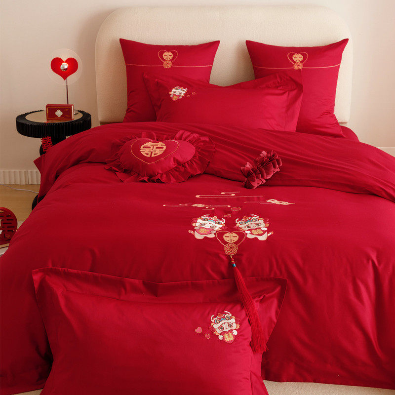 新婚庆喜被四件套结婚全棉纯棉大红色卡通刺绣被罩套床单婚房床品