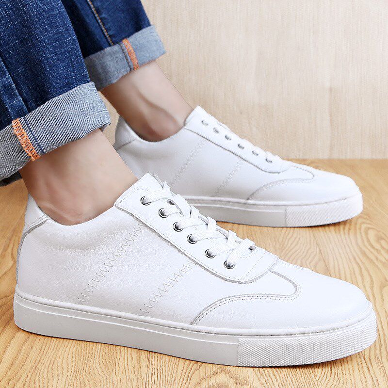 新款休闲男士内增高板鞋时尚平底圆头小白鞋潮流系带男鞋橡胶