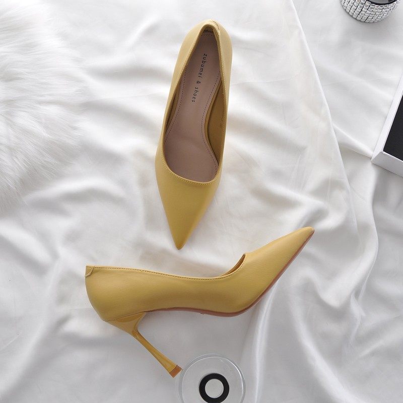 黄色高跟鞋女2021年新款气质女神范秋天ins仙网红浅口尖头单鞋9cm,女鞋,浅口单鞋,淘宝优惠券,粉丝福利购,淘宝优惠卷