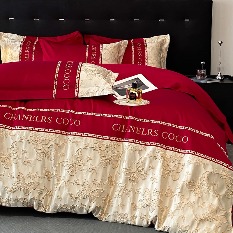 奢华结婚四件套全棉婚庆大红色金丝浮雕被套婚房床上用品