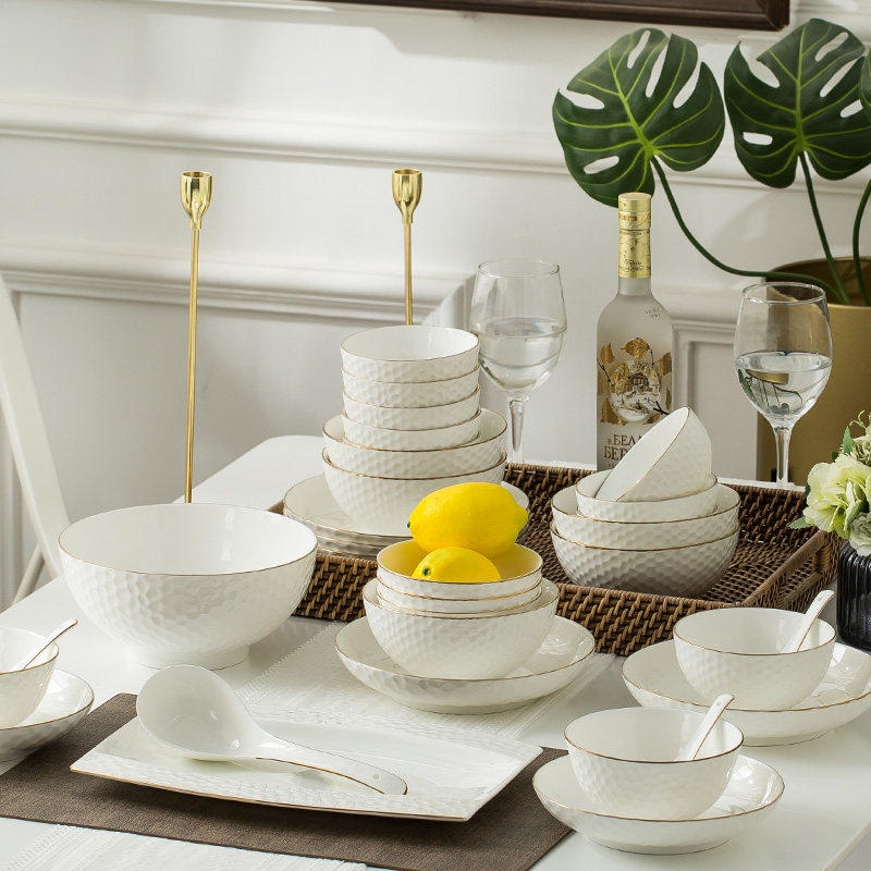 碗碟套装家用简约欧式餐具套装碗盘金边浮雕微波炉适用乔迁送礼,餐饮具,餐具瓷器套装,淘宝优惠券,粉丝福利购,淘宝优惠卷
