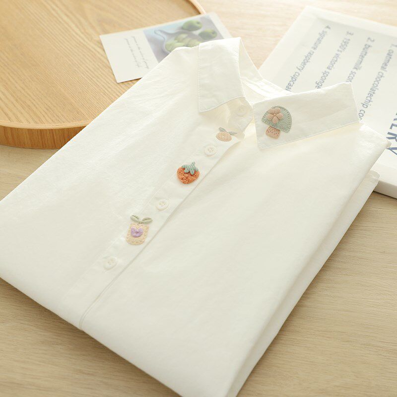 2025春季文艺小清新草t莓蘑菇贴布纯棉正肩白衬衫女长袖打底衫学