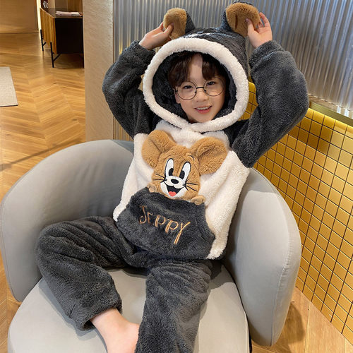 2022儿童睡衣男法兰绒冬季加绒加厚珊瑚绒男童卡通大童家居服套装