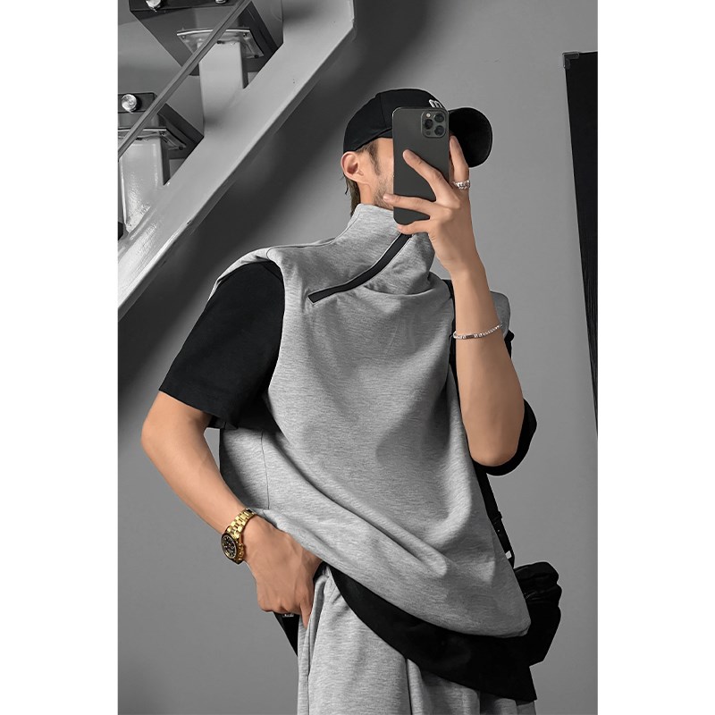 龙叨叨夏季新款简约廓形拼接拉链设计宽松时尚马甲