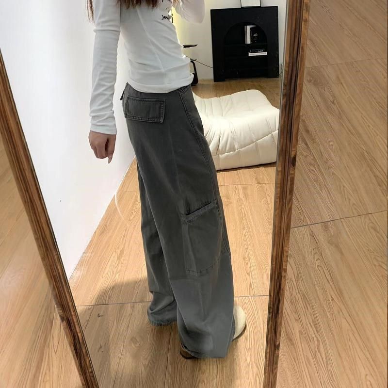 美式灰色工装裤女2024新款复古高腰宽松直筒阔腿拖地牛仔裤子春秋,女装/女士精品,卫裤,淘宝优惠券,粉丝福利购,淘宝优惠卷