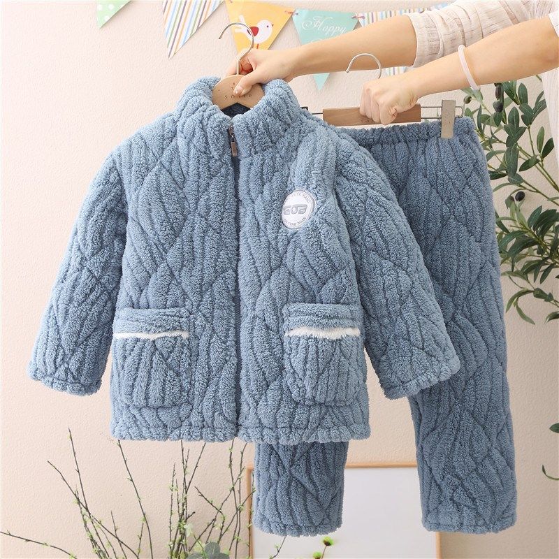儿童睡衣冬款2024新款三层夹棉加绒加厚女男童珊瑚绒保暖拉链套装