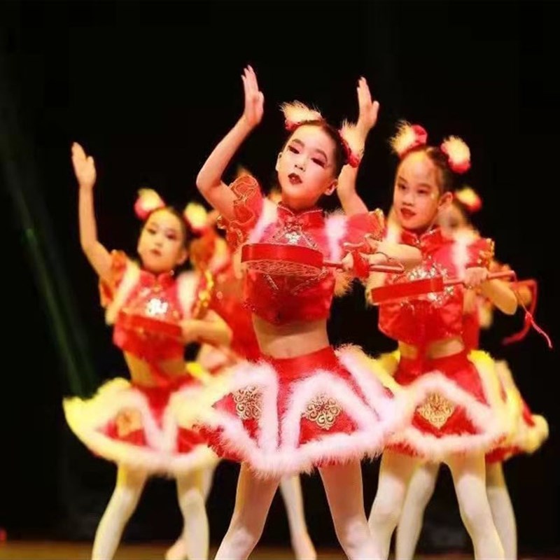 元旦儿童喜庆打鼓表演服开门红梦娃男女童灯笼舞蹈裙中国红演出服