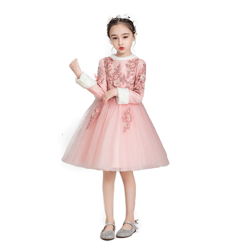 女童加厚礼服公主裙生日长袖加绒花童主持人儿童钢琴演出服秋冬季
