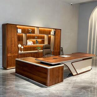 新中式老板桌实木办公桌高级感董事长大班台北美黑胡桃木总裁桌椅