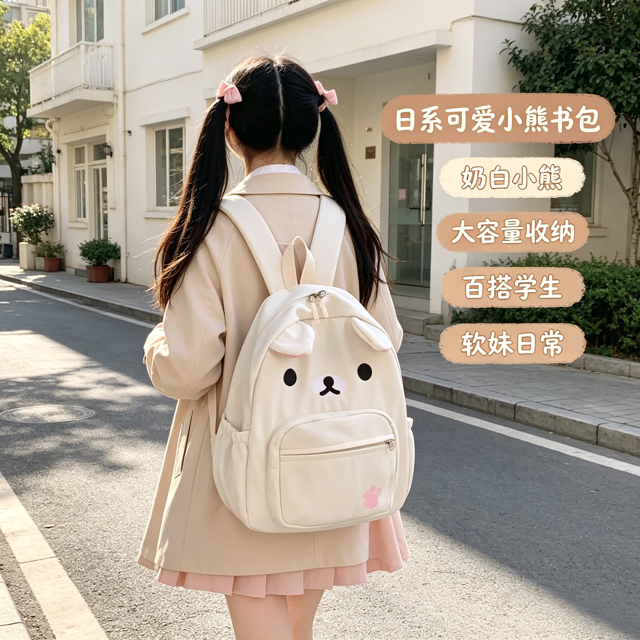 2026新款日系可爱小熊背包帆布双肩包大容量百搭学生书包生日礼物