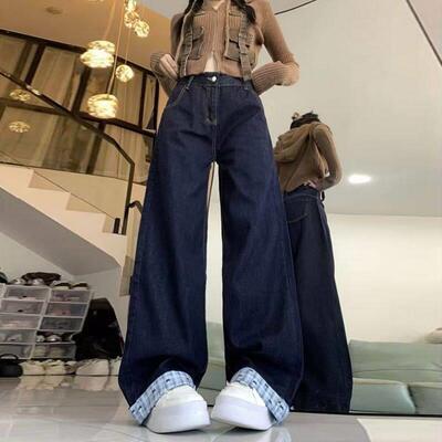 美式复古蓝格子拼接口袋牛仔裤女新款宽松个性显瘦阔腿拖地裤子潮