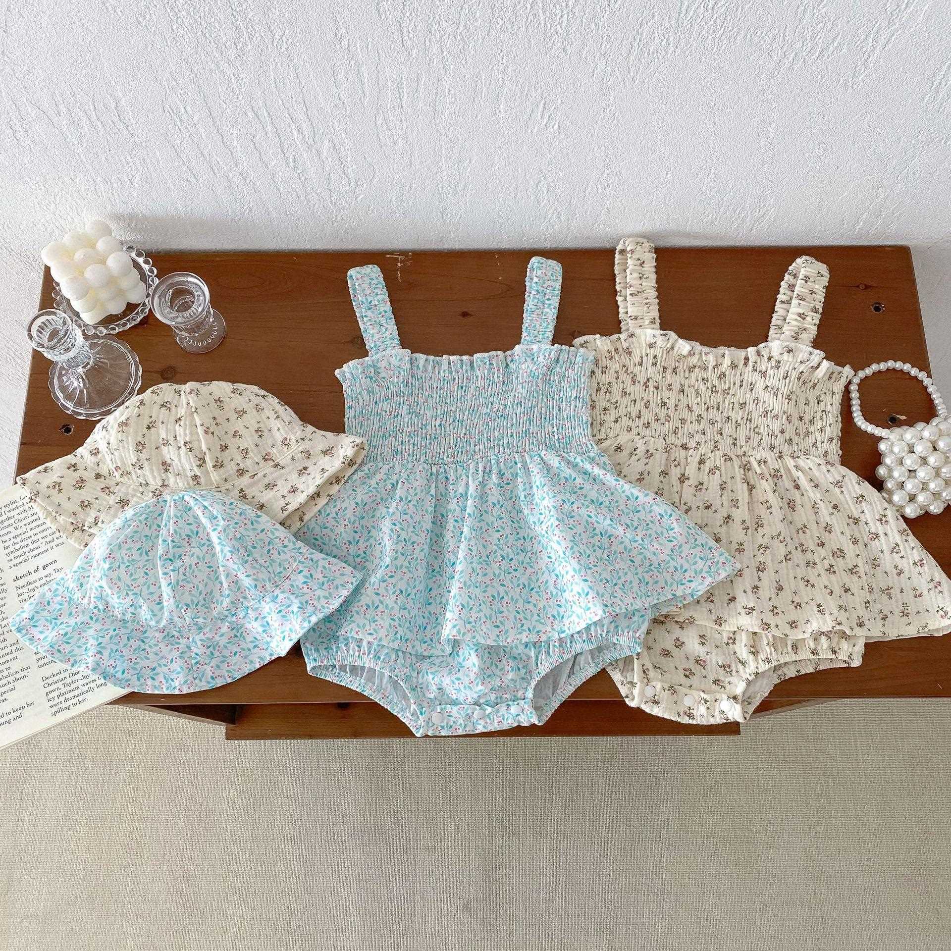 婴儿夏季衣服碎花哈衣裙女宝宝无袖包屁衣百日宴爬服连体衣送帽
