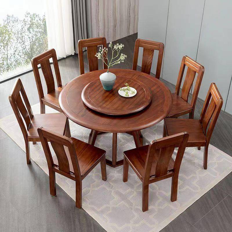 胡桃木实木餐桌椅组合中式家用小户型圆桌饭桌6人8人旋转餐厅家具