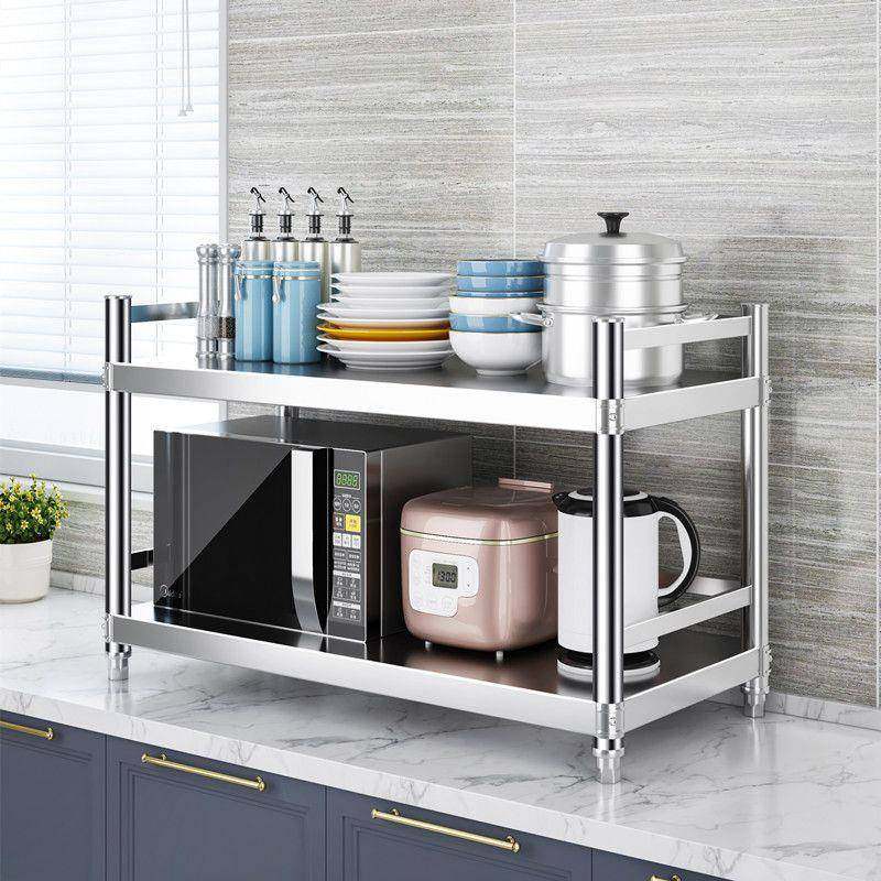 不锈钢厨房两层带围栏置物架落地架家用微波炉架锅具调料收纳架子