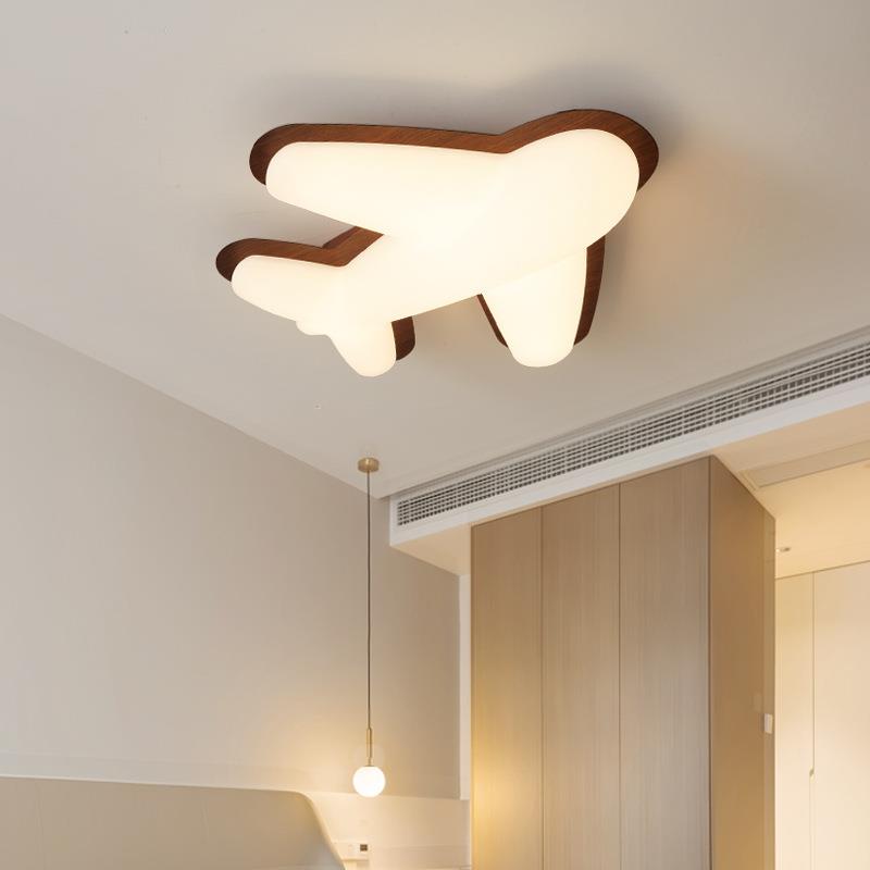 儿童房灯新中式现代简约卡通飞机灯具胡桃木色高亮护眼led卧室灯